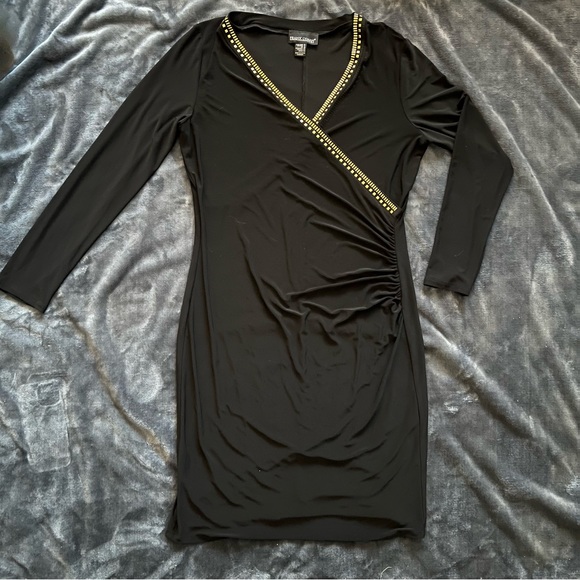 Black Frank Lyman gold stud detail stretchy black faux wrap midi dress - Picture 7 of 9